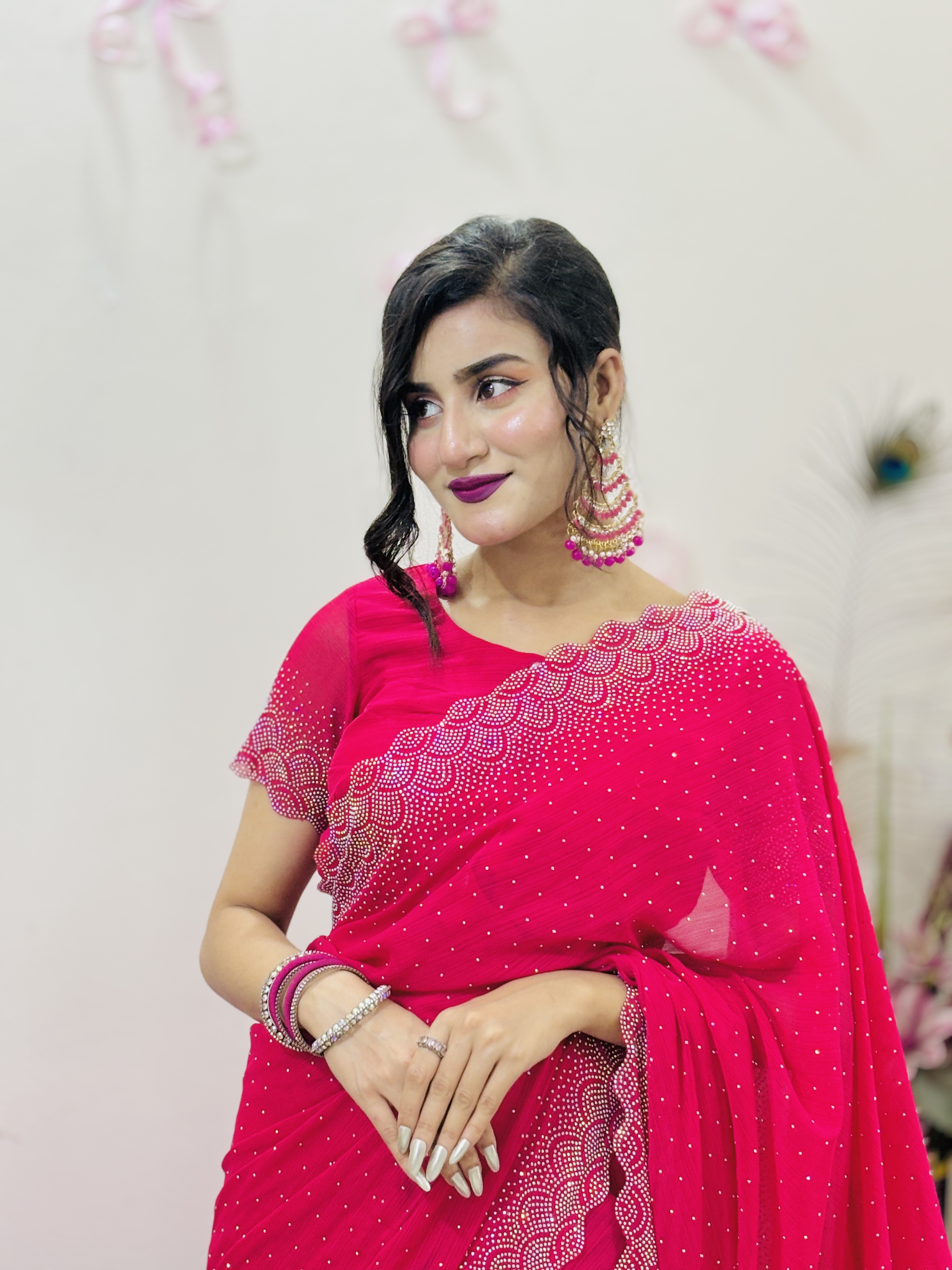 Indian White Gold Party Saree - Magenta